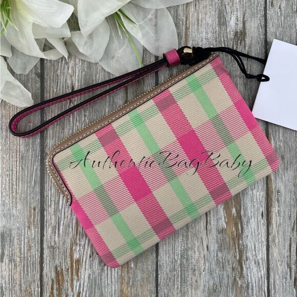 Authentic Corner Zip Wristlet With Plaid Print Wallet Bag Purse - Picture 5 of 7